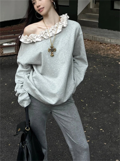 Grey Sweet Florals Sweatshirts Loose Spring Mujer Skew Collar New Daily All Match
