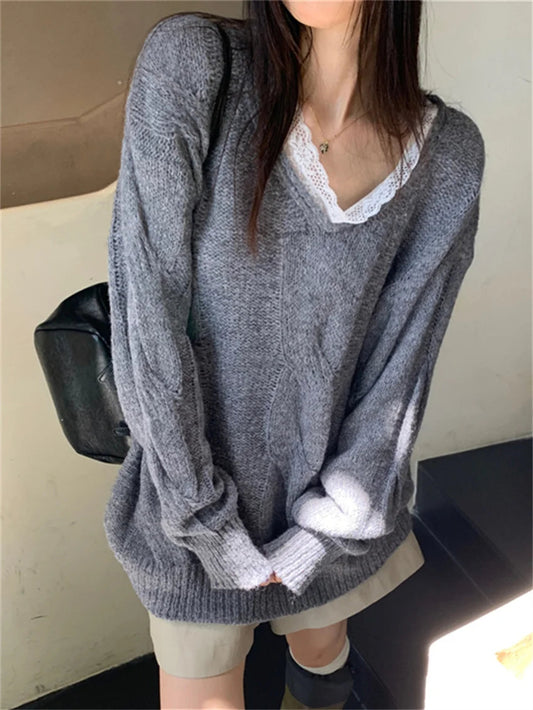 Grey Midlength Sweaters Retro Knitted Lace Patchwork Slim New Autumn Sweet Gentle Pullovers