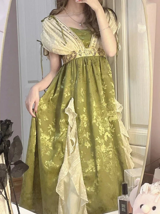 Summer Fairy Green Evening Dress V Neck Lace Ruffles Midi Dress a Line Fluffy Sleeve Prom Party Gown