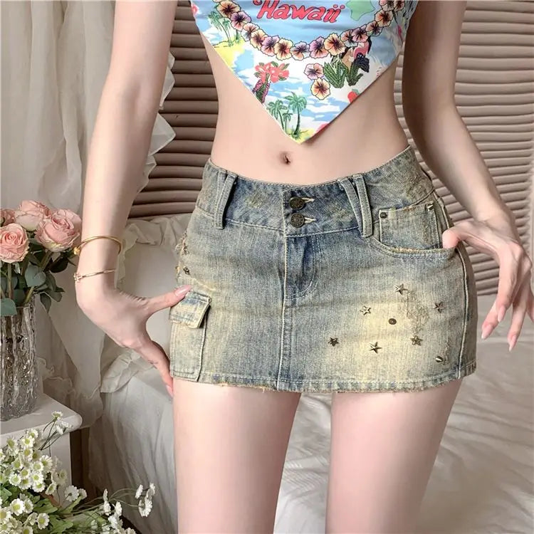 Y2k Willow Nail Heavy Industry Denim Skirt Summer New Low Waist Wrapped Hip Short Skirt