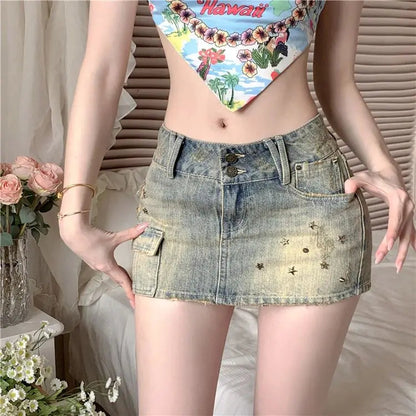 Y2k Willow Nail Heavy Industry Denim Skirt Summer New Low Waist Wrapped Hip Short Skirt