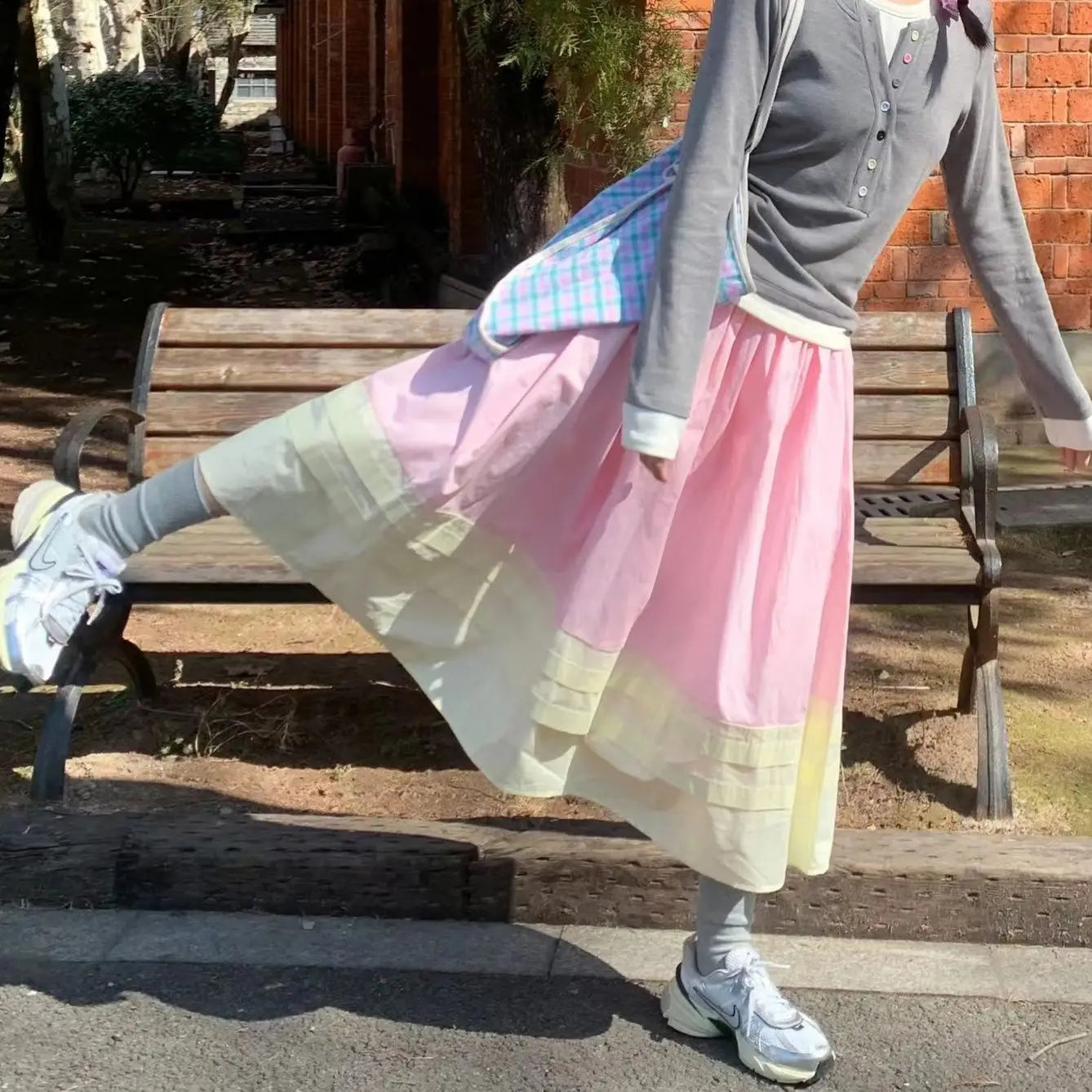 Pink Highwaisted Skirt Female Faldas Loose Slim Midlength Umbrella Skirt Contrast Color Design Aline Pleated Skirts
