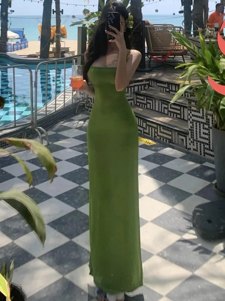 Spaghetti Strap Green Long Dresses Slash Neck Sleeveless Bodycon Party Dress Summer Holiday Beach Vestidos Robe New