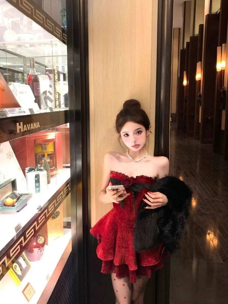 Dresses Bow Flowers Strapless Ruffles Patchwork Velvet Backless Slim Ball Gown Mini Dress Party Sweet