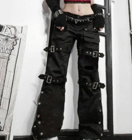 Black Gothic Pencil Pants Rivet High Waist Woman Slim Body Dark Goth Pant Punk Aesthetic Clothes Streetwears