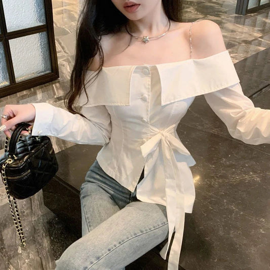 Slash Neck Shirts Ruffles Bandage White Blouses Korean Chain Long Sleeve Design Slim Tops New