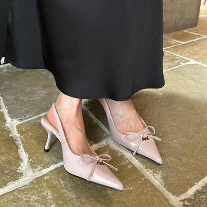 Bow Metal Buckle Design High Heels Pointed Toe Patent Leather Slingback Heeled Sandals Party Shoes