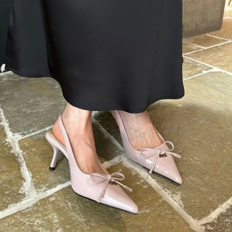 Bow Metal Buckle Design High Heels Pointed Toe Patent Leather Slingback Heeled Sandals Party Shoes