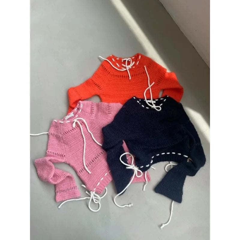 Autumn for Crop Tops Korean Retro High Street Hollow Out Bandage Cashmere Sweater Knit Pullover Tops