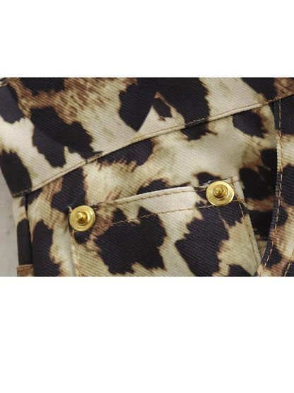 Female Leopard Print High Waist Pants Button Pockets Straight Leg Pant Female Slim Trousers