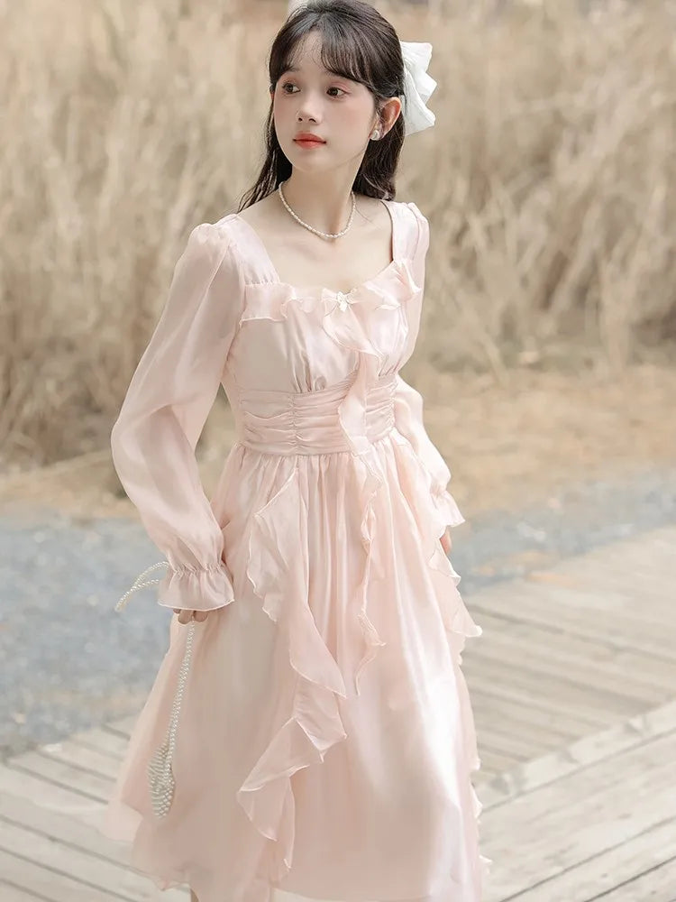 Pink Fairy Party Midi Dress Korean Style Sweet Vestidos Female Bubble Sleeve Evening Party Robe Autumn New