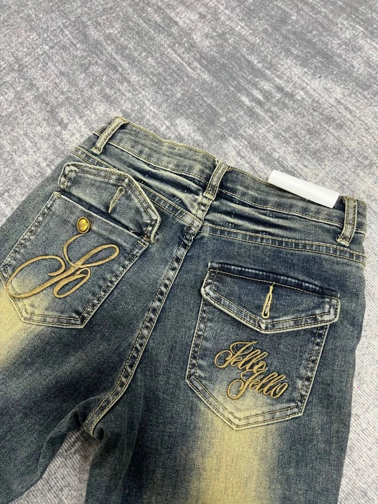 High Waist Flare Jeans Y2k Loose Embroidery Wide Leg Boot Cut Denim Pants Harajuku Do Old Bottoms