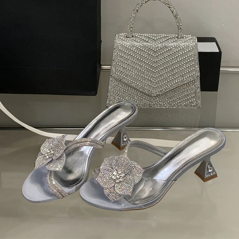 Outdoor Party Crystal Flower Slipper Transparent Sandal Rhinestone Low Heels Mules Slide Shoes Zapatos Mujer