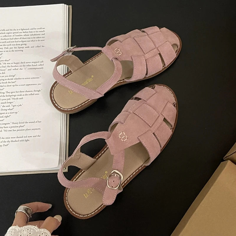 Roman Sandals Summer New Flat Retro Real Leather Sandals Hollowed Cage Shoes