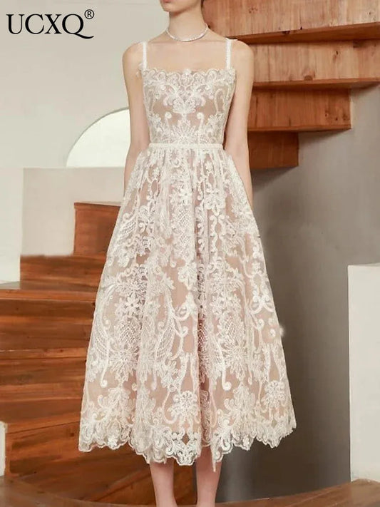 Square Neck Lace Embroidery Long Dress Fairycore Waist Sleeveless Camisole Dresses Spring Summer 23a8639