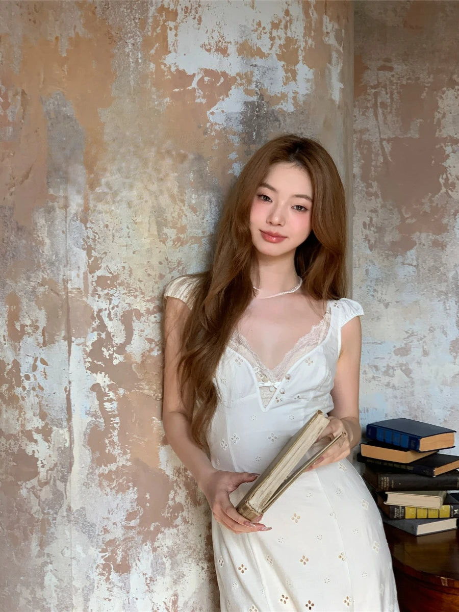 French Retro Midi Dress Even Party 2000s Clothing Vneck Y2k Dress Korean Sleeveless Summer
