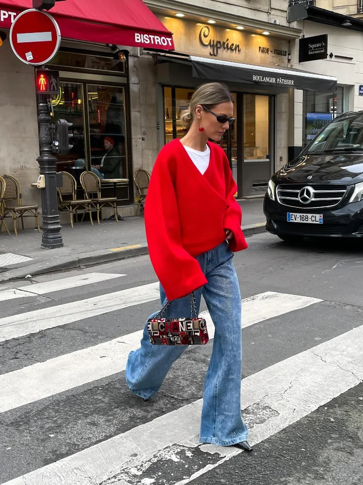 Retro Red Vneck Loose Woolen Pullover Jacket Long Sleeve Knitted Sweater New Autumn Female Knitwear Top