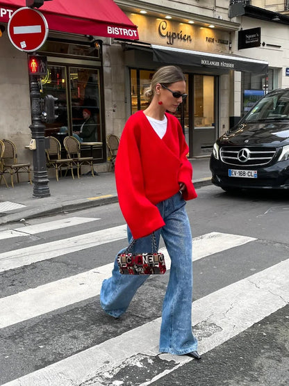 Retro Red Vneck Loose Woolen Pullover Jacket Long Sleeve Knitted Sweater New Autumn Female Knitwear Top