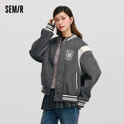 Coat Embroidery Patchwork Contrast Color Loose Jacket New Winter Imitation Woolen Baseball Jacket