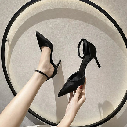 Satin Pointed Toe Highheeled Shoes Summer New Allmatch Stiletto Microfiber Exquisite Oneline Sandals