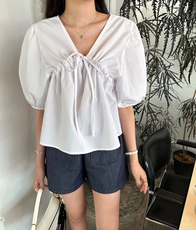 Spring Summer Puff Sleeve Vneck Blouses Short Sleeve Loose Laceup Shirts for
