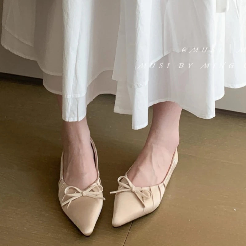 Satin Pleated Bow Flat Shoes Pointed Toe Brand Design Party Dress Shoes Comfortable Shallow Pumps
