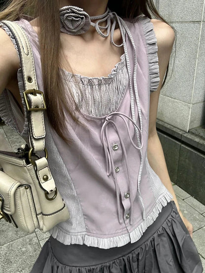 Summer Tide Korean Ballet Core Y2k Outfits 2 Piece Set Gyaru Lace Up Tank Top + Elastic Waist Mini Pleated Skirts