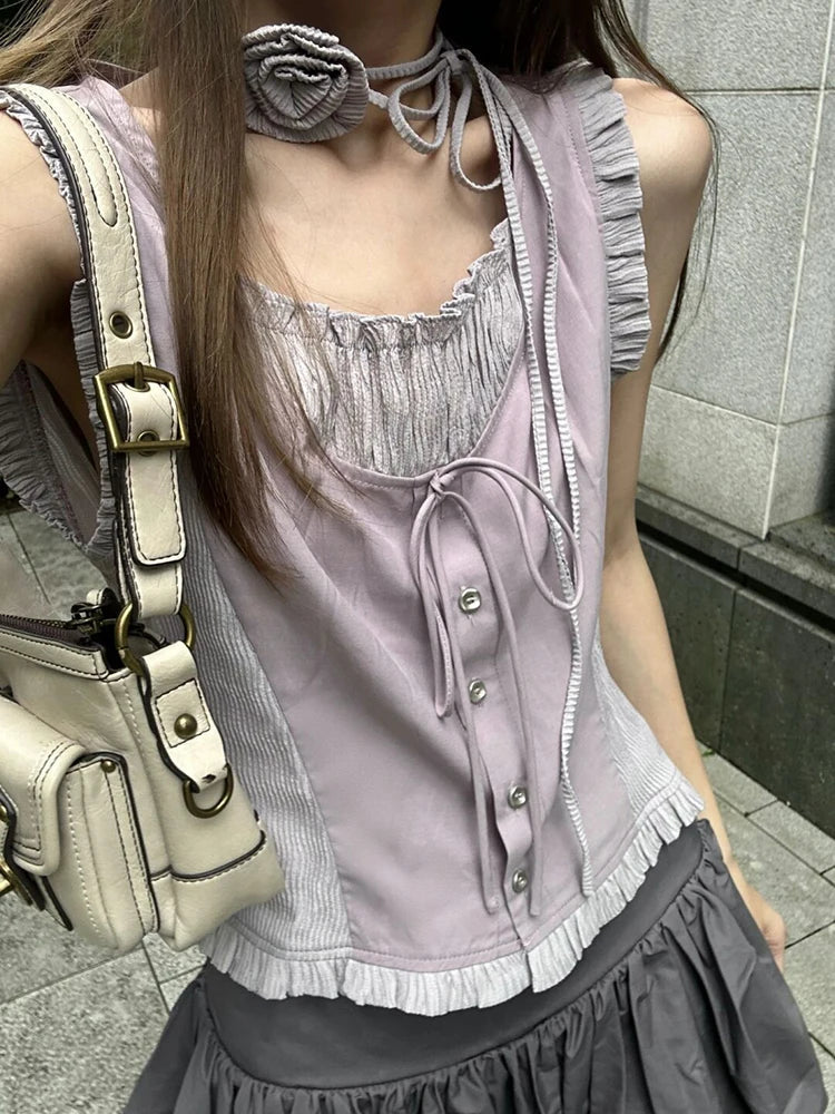 Summer Tide Korean Ballet Core Y2k Outfits 2 Piece Set Gyaru Lace Up Tank Top + Elastic Waist Mini Pleated Skirts