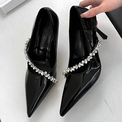 Rhinestone Decoration Pumps Pointed Toe Patent Leather Thin High Heels Party Dress Mules Shoes