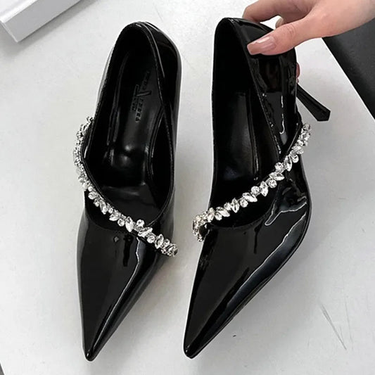 Rhinestone Decoration Pumps Pointed Toe Patent Leather Thin High Heels Party Dress Mules Shoes