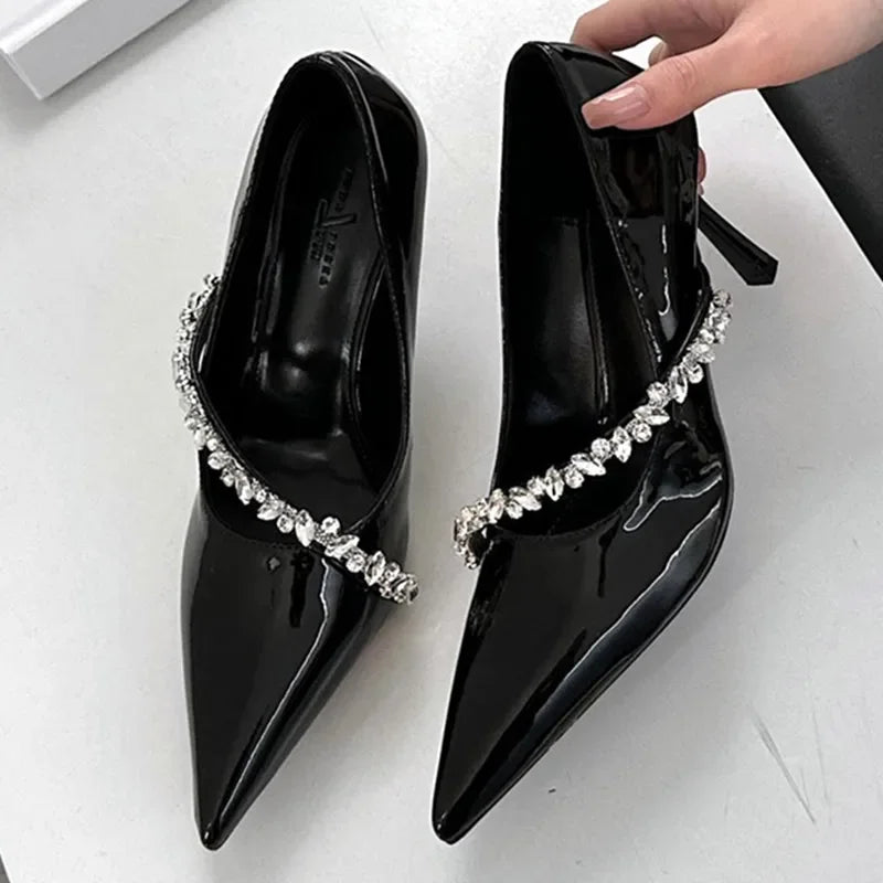 Rhinestone Decoration Pumps Pointed Toe Patent Leather Thin High Heels Party Dress Mules Shoes