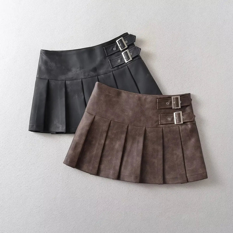 Korean Retro High Street Pu Leather Low Waist Pleated Short Skirt Skirt