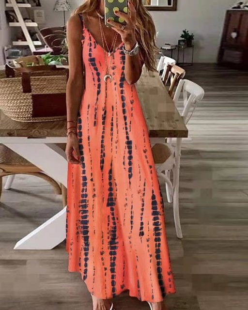 Printed Maxi Spaghetti Strap Dresses for V-neck Backless A-line Long Dress Style Beach Vestidos