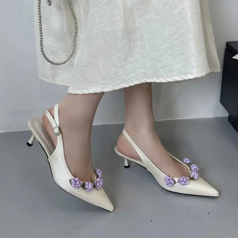 Pink High Heels Pointed Toe Slingback Shoes Summer Small Flower Low Heel Office Shoes Black Pumps White Talons Femme