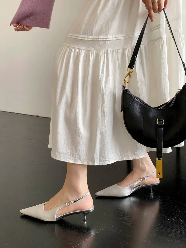 Satin Pointed Toe Mules Pumps Sandals Spring Shallow Thin Low Heels Female Shoes