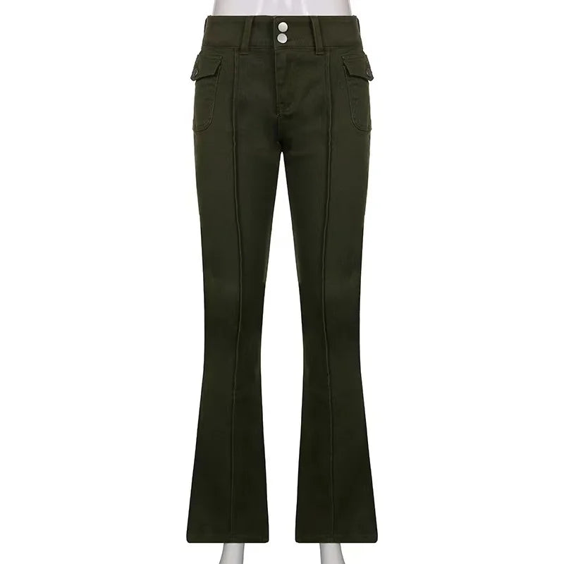 Y2k Brown Flared Jeans Color Pocket Kawaii Trousers Low Waist Aesthetic Jogging Pants Basics