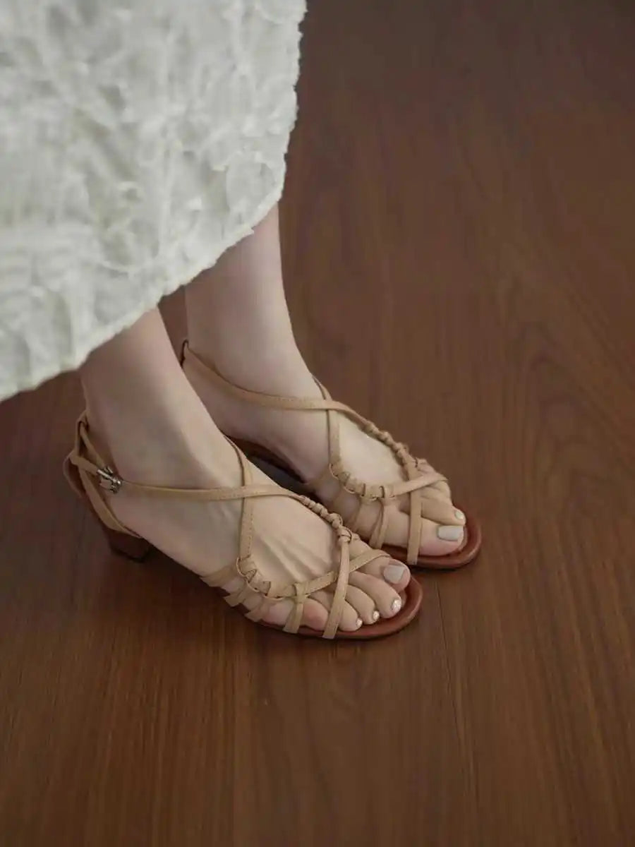 Open Toe Thick Heel Sandals for Woven Cross Straps Round Toe Roman Sandals Summer New Beach Shoes