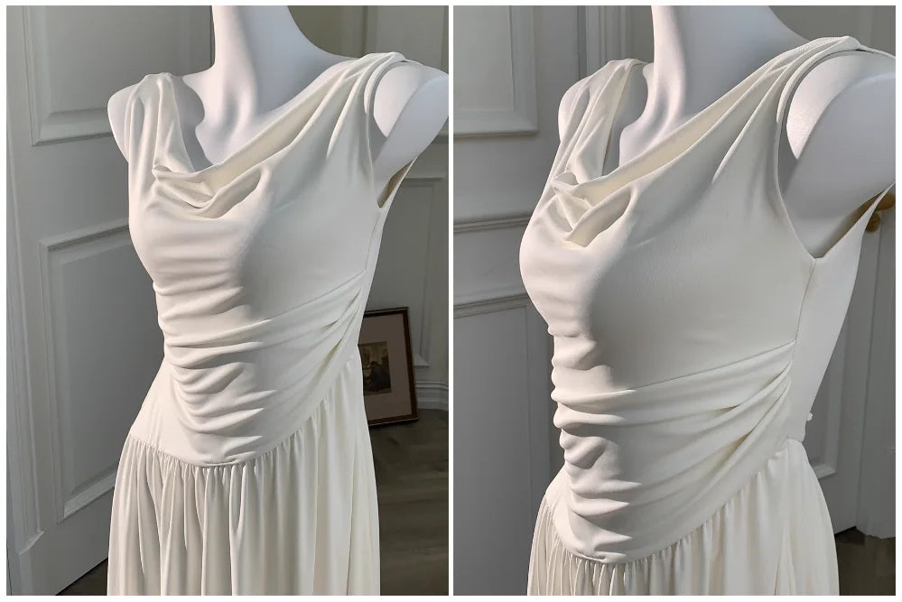 White Long Dresses Fairycore Slash Neck Inclined Shoulder Vestidos Summer Laceup Ruched Trumpet Dress