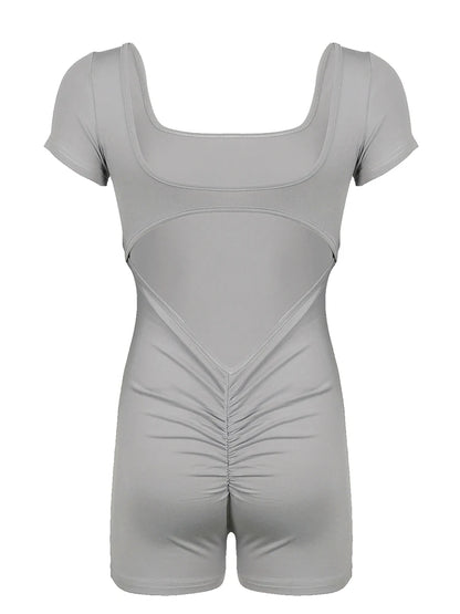 Shirring Backless Square Collar Short Sleeve Skinny Gray Rompers Playsuit Black Rave Summer Baddie Outfits