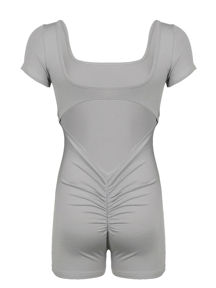 Shirring Backless Square Collar Short Sleeve Skinny Gray Rompers Playsuit Black Rave Summer Baddie Outfits