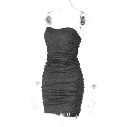 Black Glitter Bright Silk Dress Strapless Ruched Bodycon Dress Summer Sleeveless Tight Mini Dress Party Club Outfits