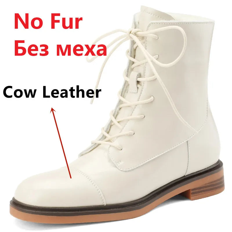Autumn Winter Ankle Boots Office Genuine Leather Wool Low Heels Comfortable Shoes Woman