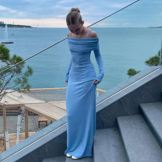 Off Shoulder Long Dress Bodycon Full Sleeves Party Dresses Summer Autumn Slim Lady Robes