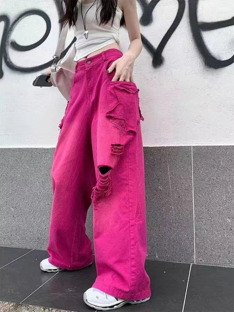 Ripped Jeans for High Waist Y2k Loose Star Korean Hip Hop Hole Wide Leg Denim Pants Harajuku Summer Slacks