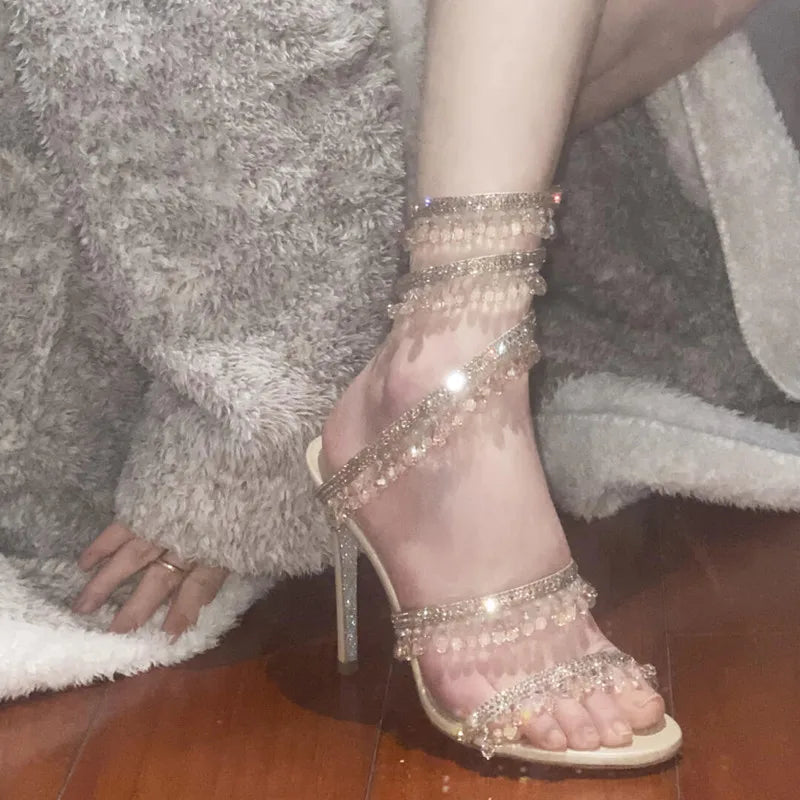 Summer New Stiletto Rhinestone Snakeshaped Winding Crystal Pendant Sandals Female Fairy Style Highheeled Roman Shoes