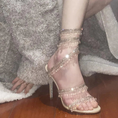 Summer New Stiletto Rhinestone Snakeshaped Winding Crystal Pendant Sandals Female Fairy Style Highheeled Roman Shoes