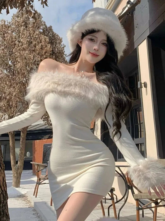 Y2k Christmas Mini Dress for Off Shoulder Slash Neck Patchwork Bodycon Party Dresses Winter Sweet Prom Vestidos Robe