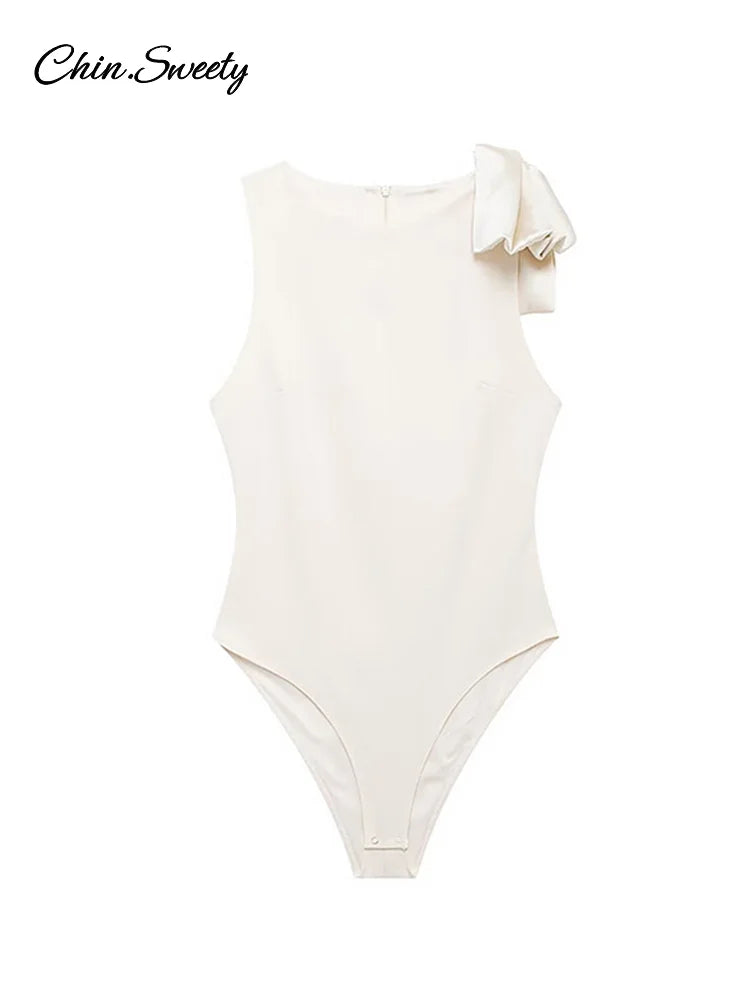 White Bow Bodysuit Mini Skirt Suit Slim O-neck Sleeveless Jumpsuits A-line Mini Skirts Summer New in Matching Outfit