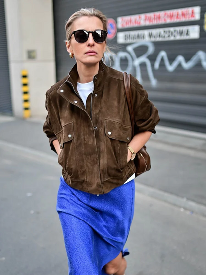 Zipper Suede Cargo Jacket Coat Button Lapel Maillard Slimming Workwear Leather Jackets Short Outwear Commute Overcoat