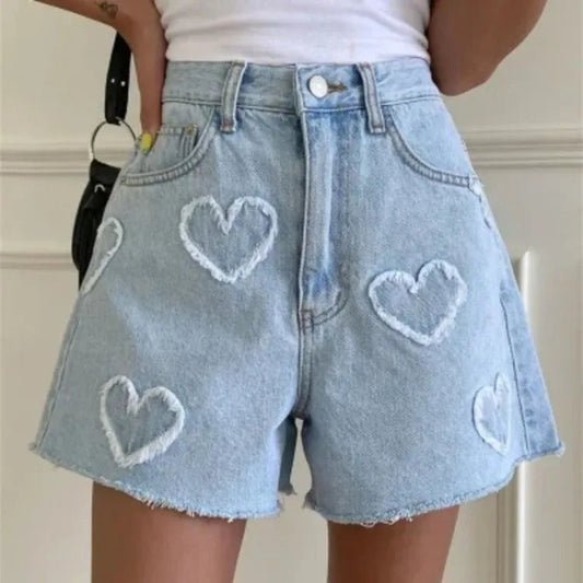 Sweet Fur Heart Pattern Denim Shorts for Y2k High Waist Loose Straight Short Pants Summer New Wide Leg Shorts